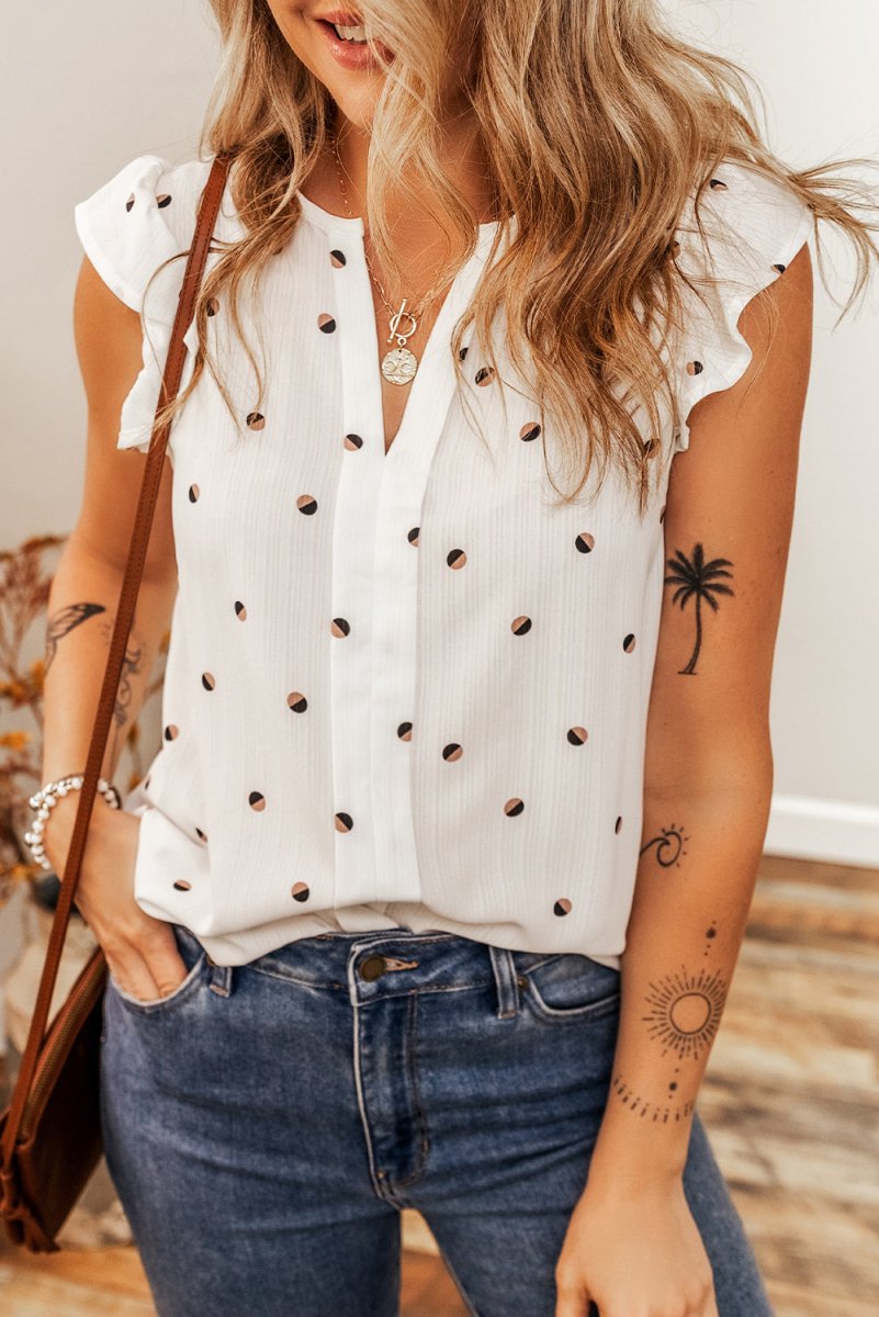 White Polka Dot Print Ruffled Shoulder V Neck Tank Top - Love Salve